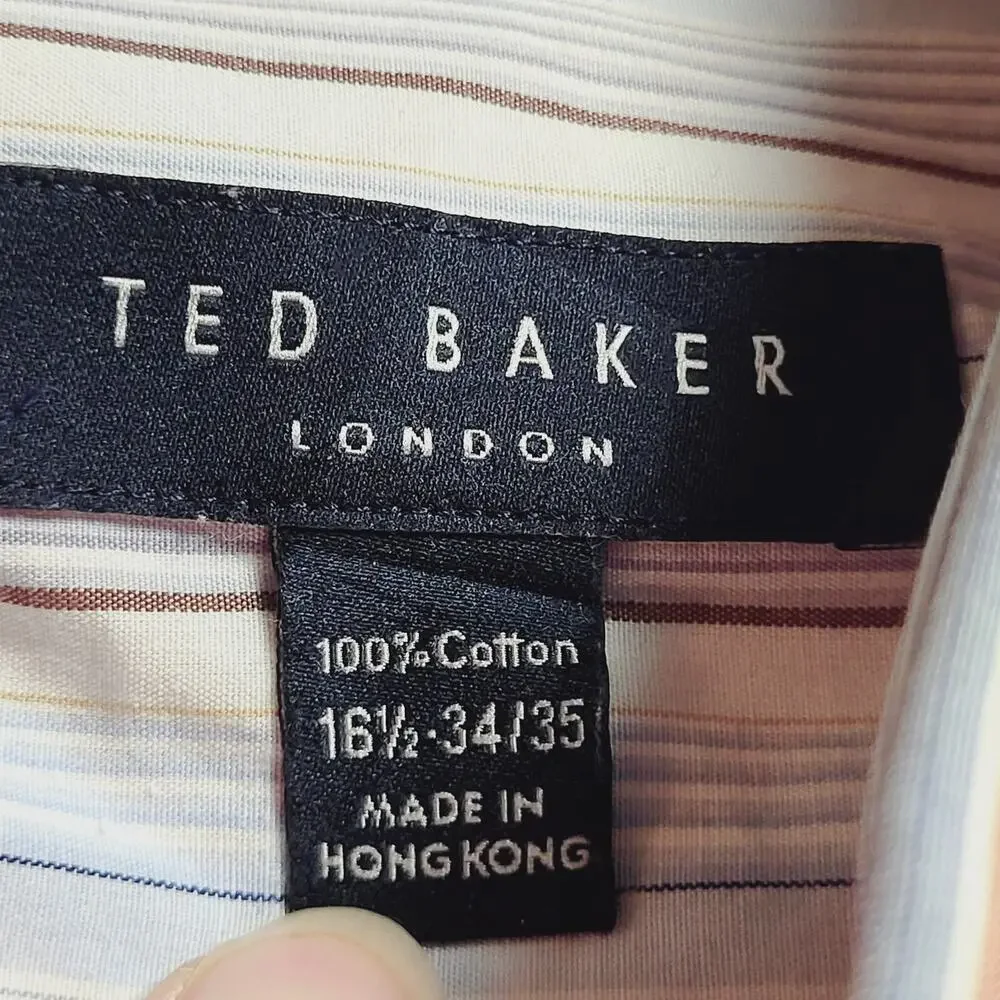 Vintage Ted Baker Tan Blue Striped Spread Collar Button Up Shirt Sz 16.5-34/35